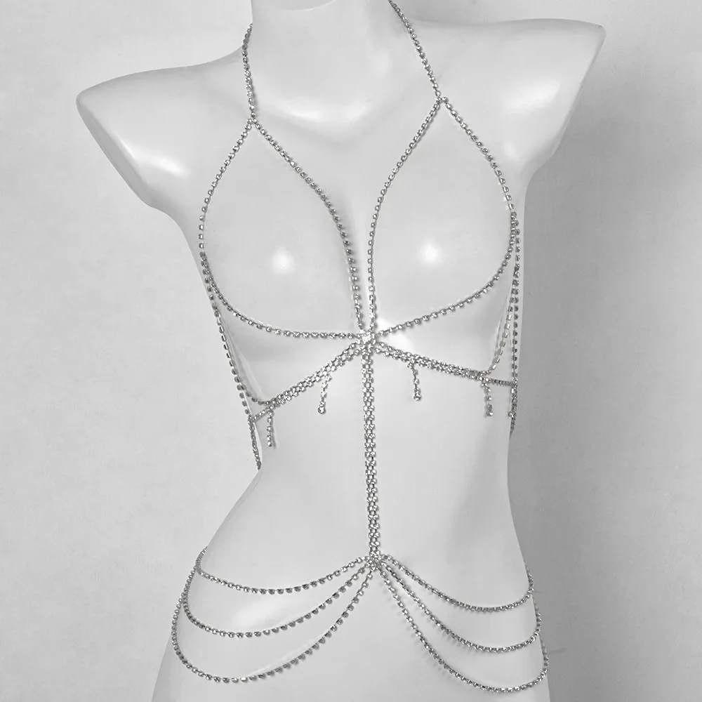 Charming Crystal Bra Harness Chain Draping Underbust Fringe Belt Full Body Jewelry Glittering Outfit Accent For Clubwear Dress