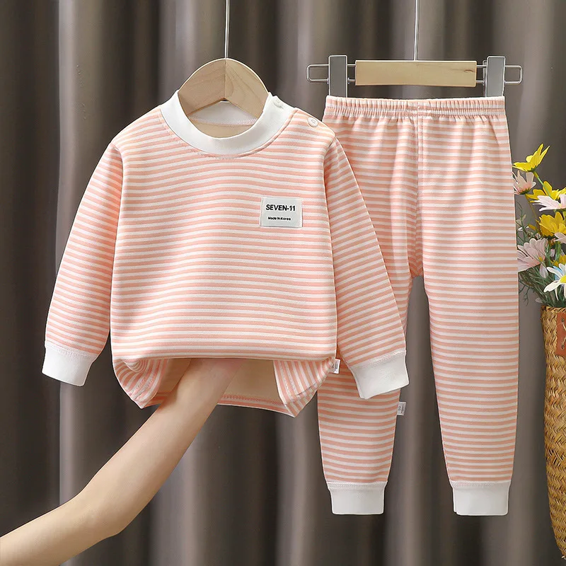 Neues Gestreiftes Plüsch-Warmes Kinderbekleidungsset für Jungen und Mädchen Pyjamas Kleidung Hosen Herbst- und Winter-Pyjamas 0-5 Jahre – Detail 8
