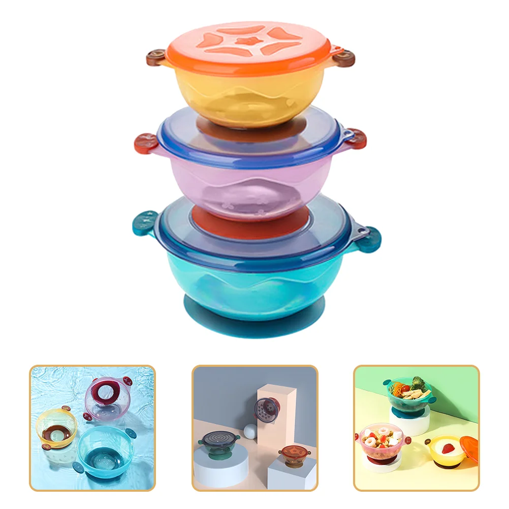 3 Pcs with Cover Toddler Bowl Suction Child Baby Bowls Lid Tableware 13x13cm Pp Lids