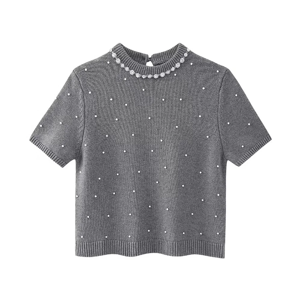 2024 Women\'s Fashion New Artificial Pearl Short sleeved Knitted Sweater