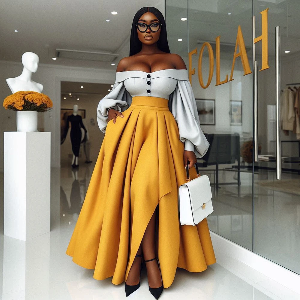 

Yellow Satin Long Skirts Girls Birthday Party Women Prom Party Formal Wear A Line Lady High Waist Skirt Wedding Skirts