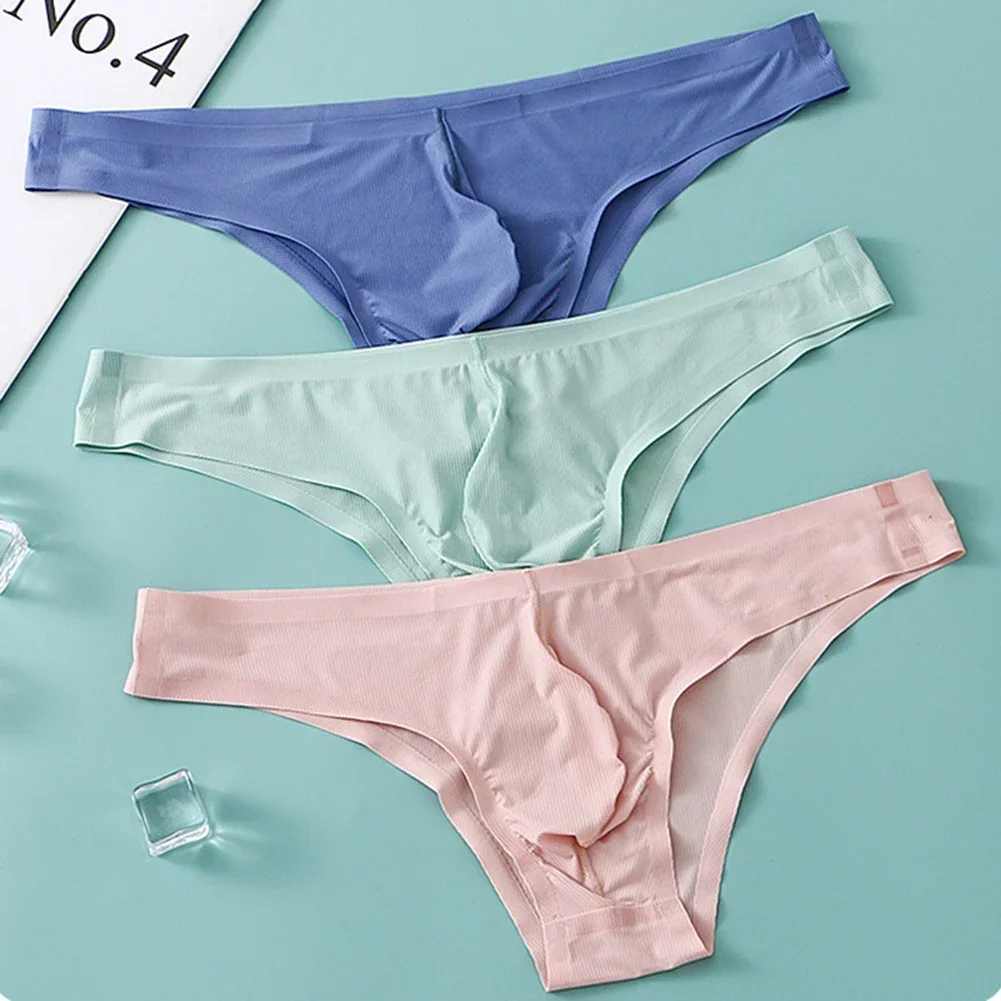 1pc Fashion Men Ice Silk Sexy Briefs Shorts Men Panties Pouch G-String Solid Color Low-Rise Underwear Soft Lingerie Brief