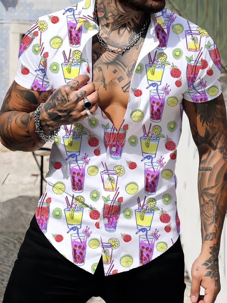 

2024 Summer New Loose Casual Cool Short Sleeve Shirt Hawaiian Beach Vacation Fashion Shirt Fruit Juice 3d Digital Printing Shirt