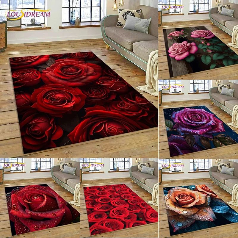 

Red Rose Flower Element Nordic Style Love Romantic Decorative Practical Carpet Living Room Bedroom Under Sofa Table Rug Mat