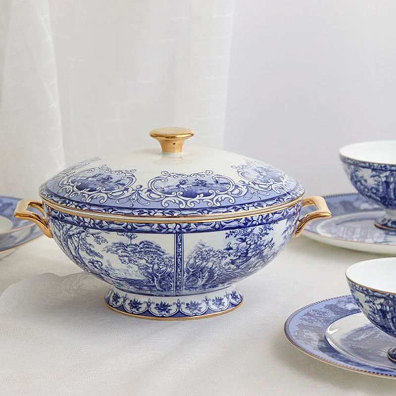 European Court Blue White Bone Porcelain Plates Golden Stroke Humanistic Flower Dinner Plate Soup Pot Afternoon Tea Tableware
