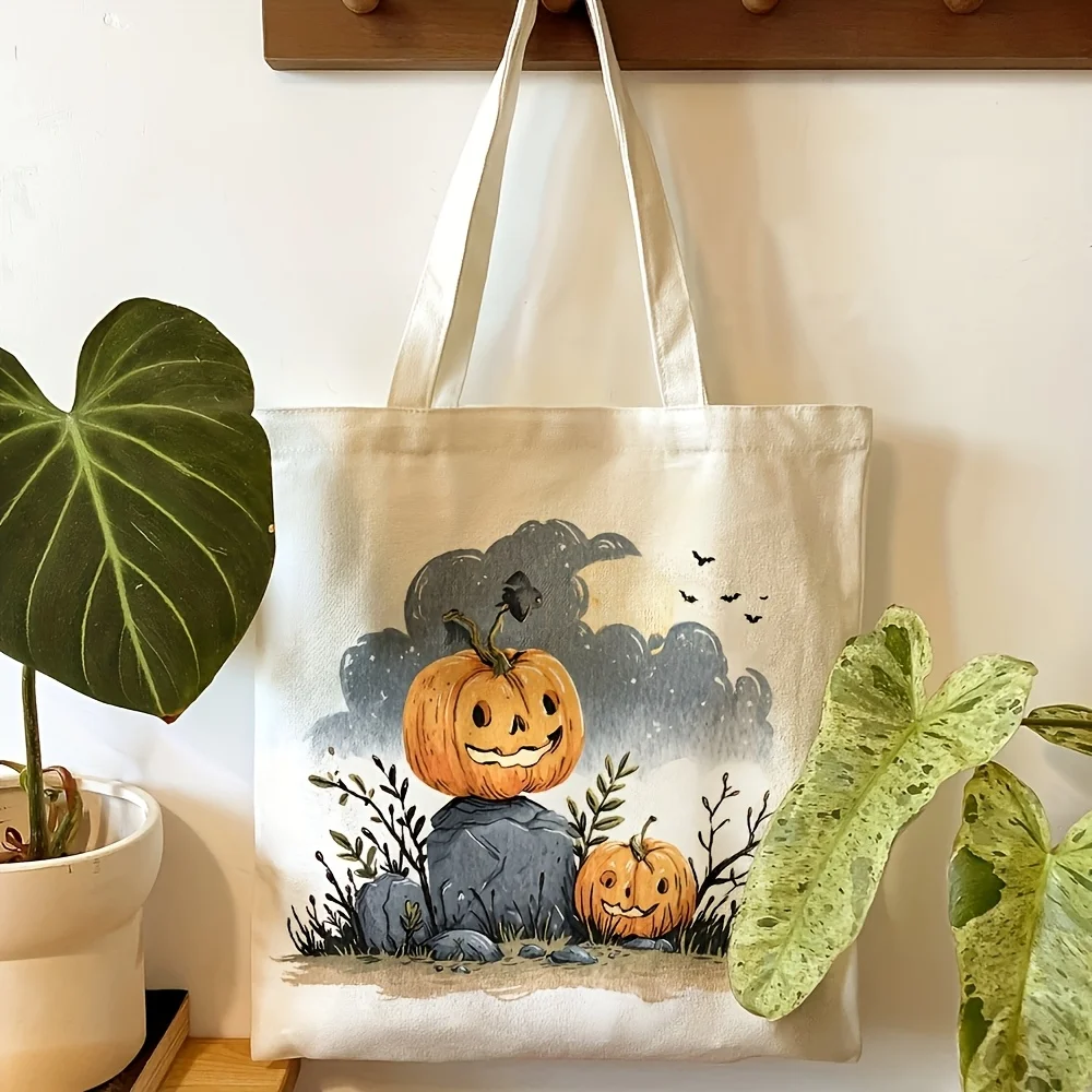 Watercolor Jack O Lantern Shoulder Bag Moonlight Night Sky Print Spooky Fall Carry Bag Suitable for Daily Commute Halloween Gift