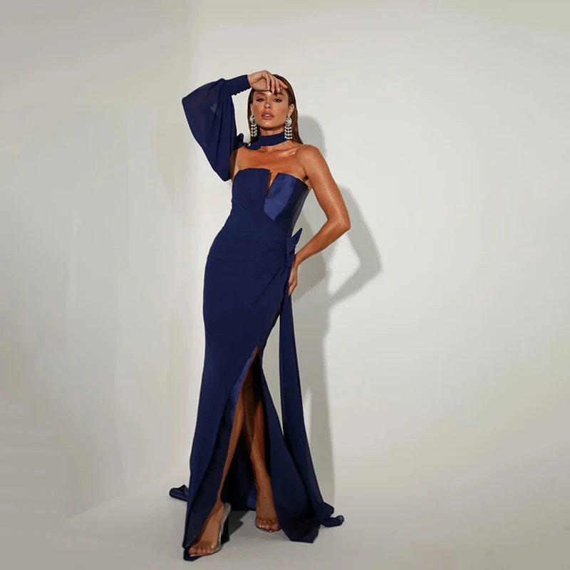 

Thinyfull Formal Maxi Mermaid Prom Evening Dresses Strapless High Split Party Dress Night Cocktail Ball Prom Gowns Customized