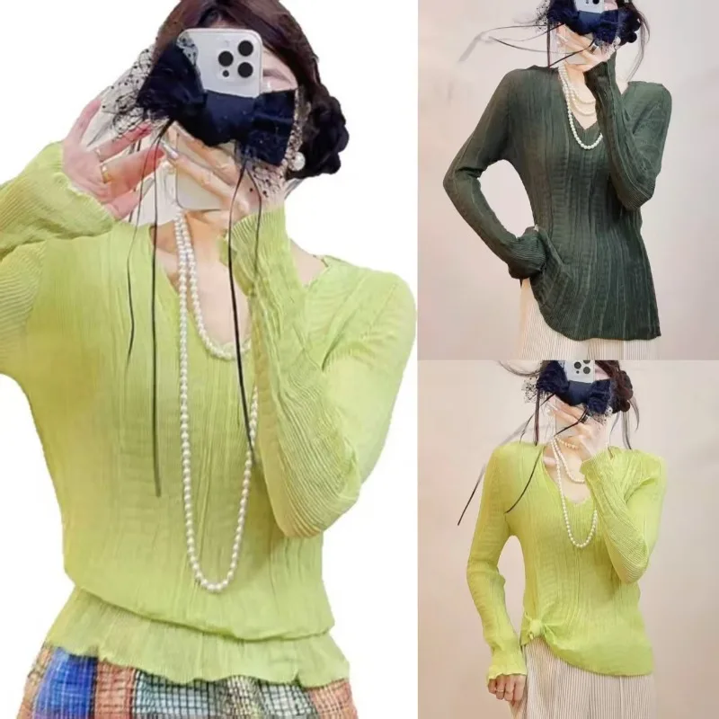 

Miyake Pleated T-Shirt 2025 Women's Sun Protection Cover-Up Pullover Lightweight Spring/Summer Summer Lace-Up Pleats Design Top