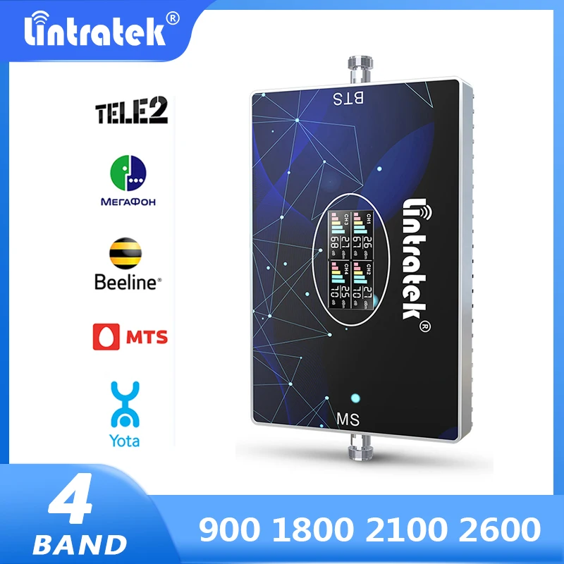 Lintratek 900 1800 2100 2600Mhz Signal Booster GSM 2G 3G 4G LTE Repeater AGC 70dB 20dBm Four-Band Amplifier Internet and Voice