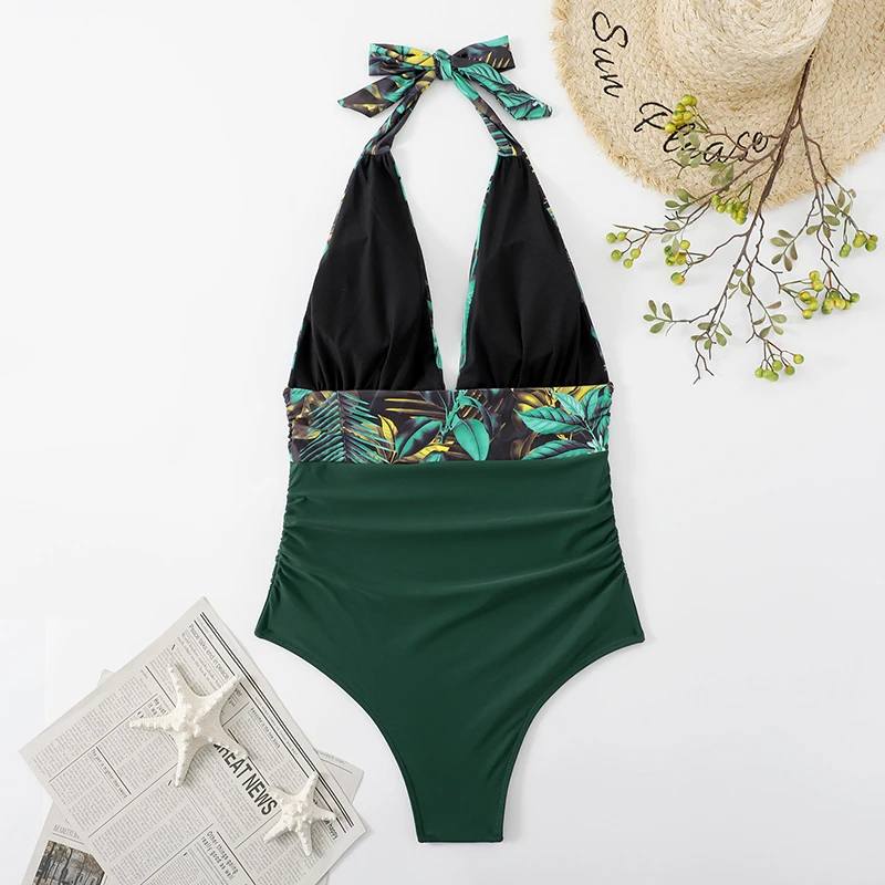 One Piece Womens Swimsuit Leaf Halter Neck Swimwear Deep V Female Bathing Suits Sexy Beachwear Bikini Set