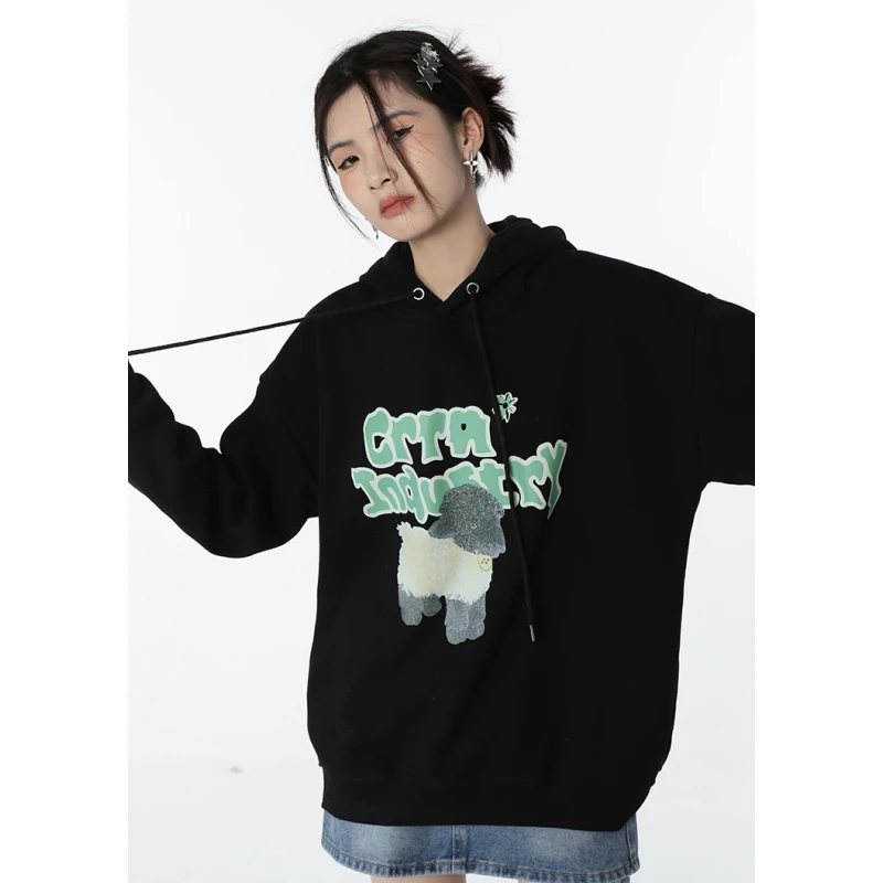 

Women's Clothing Black Sweatshirt Letter Printing Color Contrast Vintage Fashion American Street Winter Female Baggy Pullover