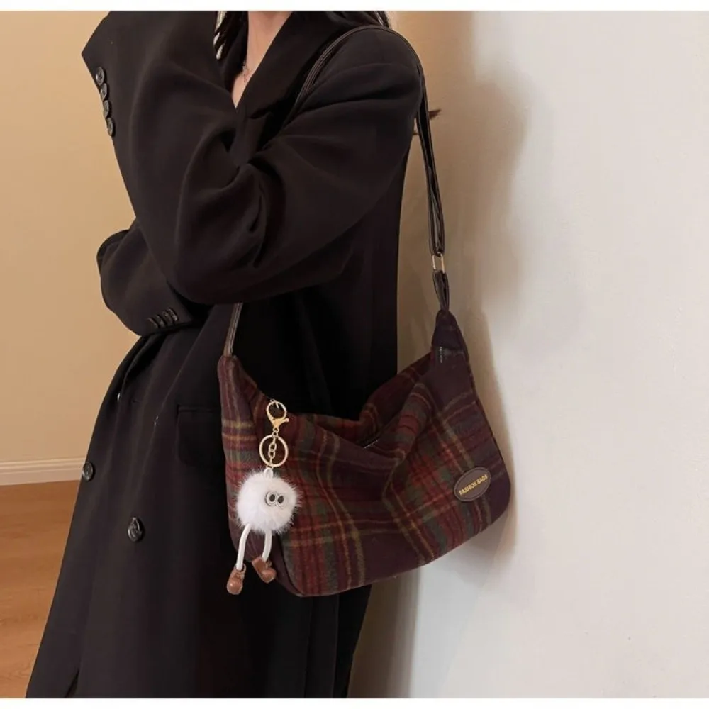 Trendy Fleece Crossbody Bag Checked Pattern Korean Style Shoulder Bags Large Capacity Zipper Ladies Handbag Daliy Use