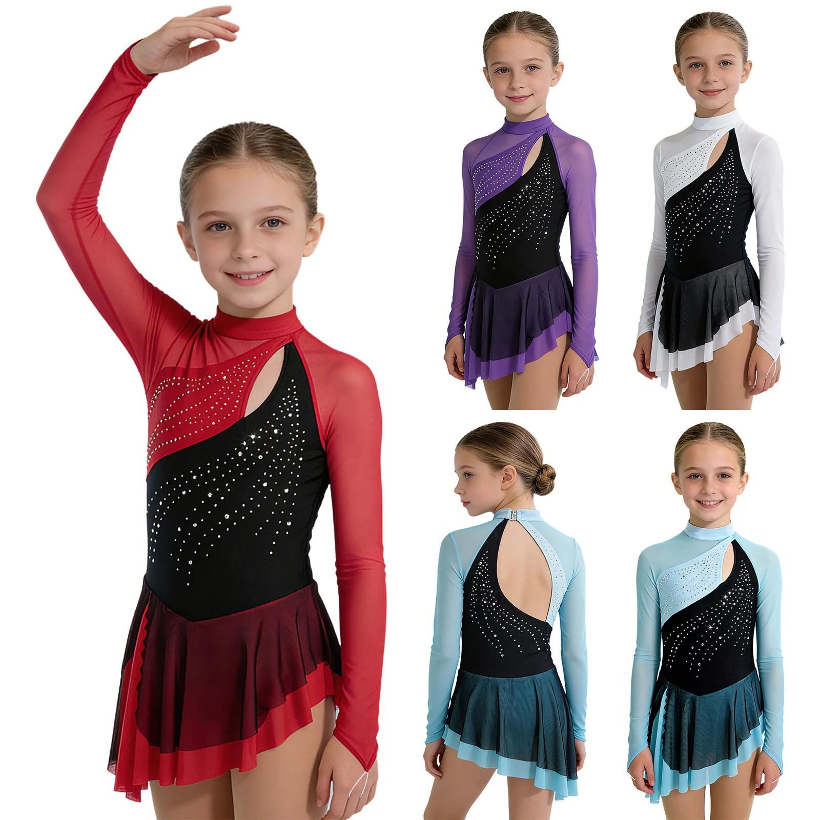 Kids Girls Figure Skating Dress Shiny Rhinestones Long Sleeve Mesh Tutu ballet Leotard Lyrical Gymnastics Modern Dance Costume