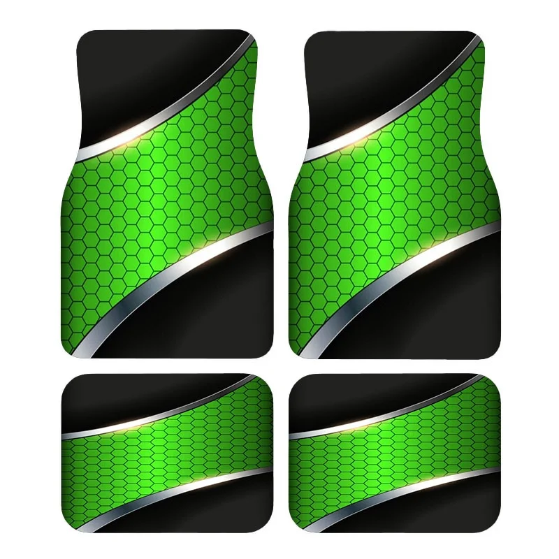 2D 4pcs Car Floor Mats, Material, Green Hexagonal Grid Design, Ideal For Interior Protection, Sleek Modern Futuristic Style