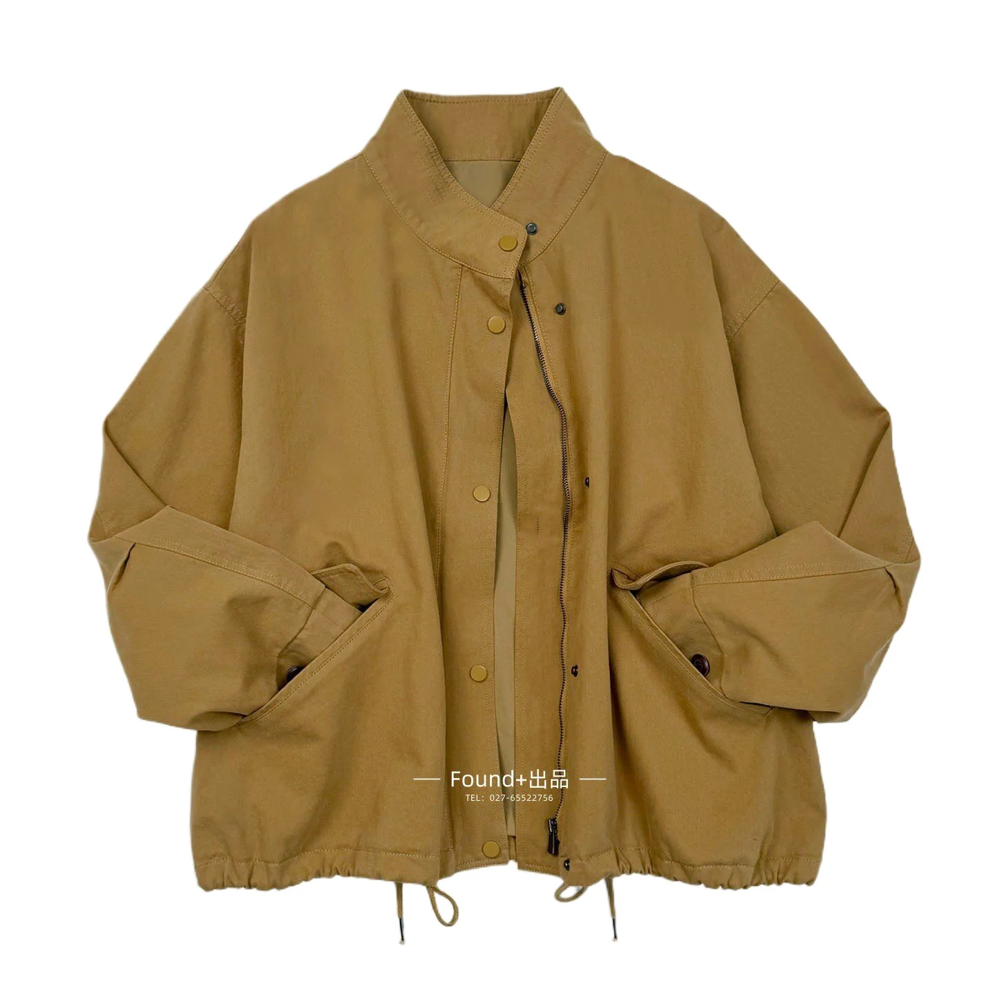 SuperAen Retro Women's Stand-up Collar Drawstring Trench Jacket Khaki Loose-fit Korean Style 2026 Spring New Coats