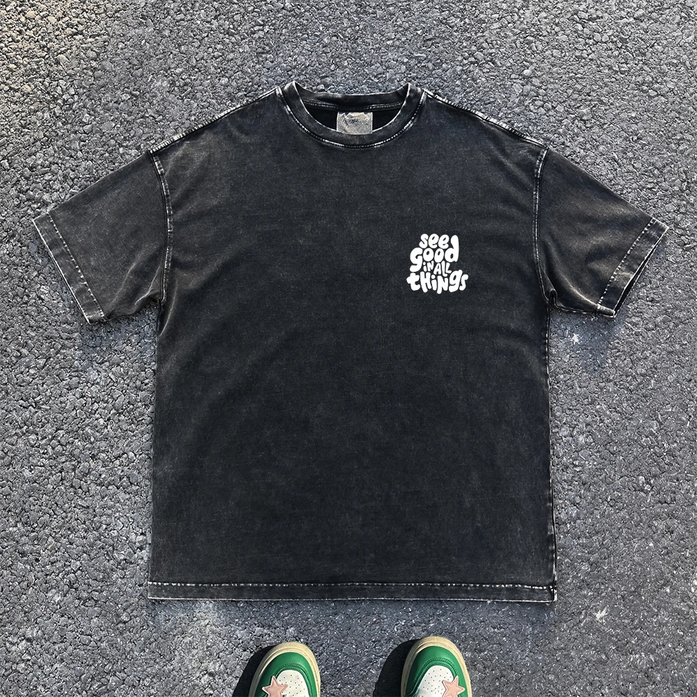 Wang Studio 260G Heavyweight See the Good in Everything Vintage Short Sleeve T-Shirt Fashionable Casual Wear for Men