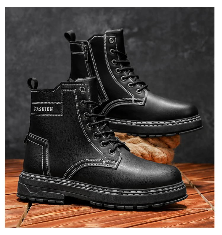 Herren Allround-Chunky-Plateaustiefel, Langlebige Leder-Streetwear-Arbeitsschuhe – Detail 10