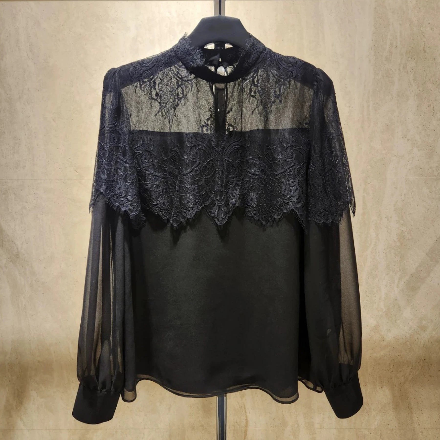 

Ele Lace Splice Chiffon irt round Ne Faionable Top Korean Single M*J0 Spring 2025 Commute Sle Loose Fit Long Sve