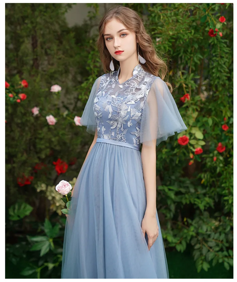 

Fashion 4 Styles Blue Evening Dresses Women Girl Special Occation Gown A-Line Appliques Lace-Up Formal Wedding Party Dress