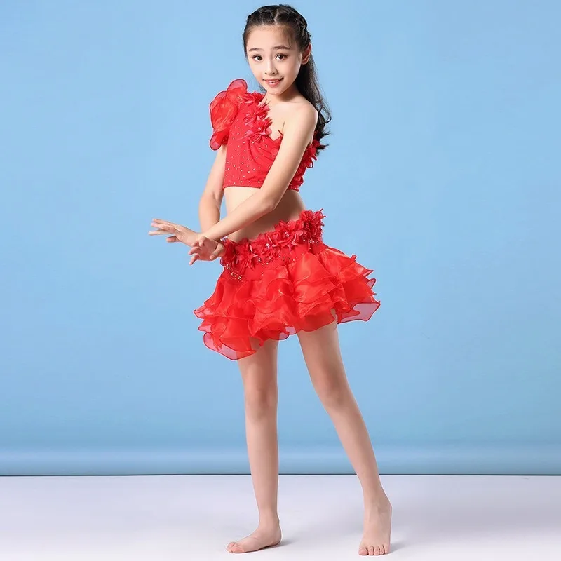 Trajes de dança do ventre personalizados, vestido de performance infantil, saia bufante sem ombros, vestido de prática, conjunto de dança do ventre para meninas