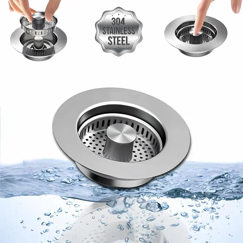 3 in 1 Kitchen Sink Drain Strainer Stainless Steel Pop-Up Sink Stopper Removable Sink Stopper Anti Clogging Sink Food Strainer