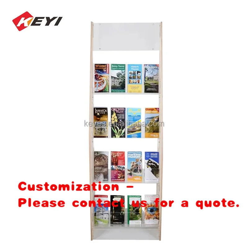 custom.Customized Modern 4-Tier Floor-Mounted Eco-Friendly Wood and Acrylic Promotion Card & Magazine Stand with Easy Assemb