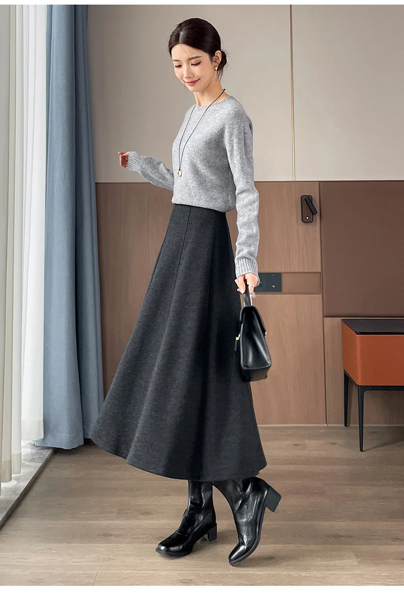 الراقية ألف خط خلات الصوف نصف تنورة للنساء في الخريف والشتاء 2025 رمادي الراقية مزاجه التخسيس منتصف طول Skir #6