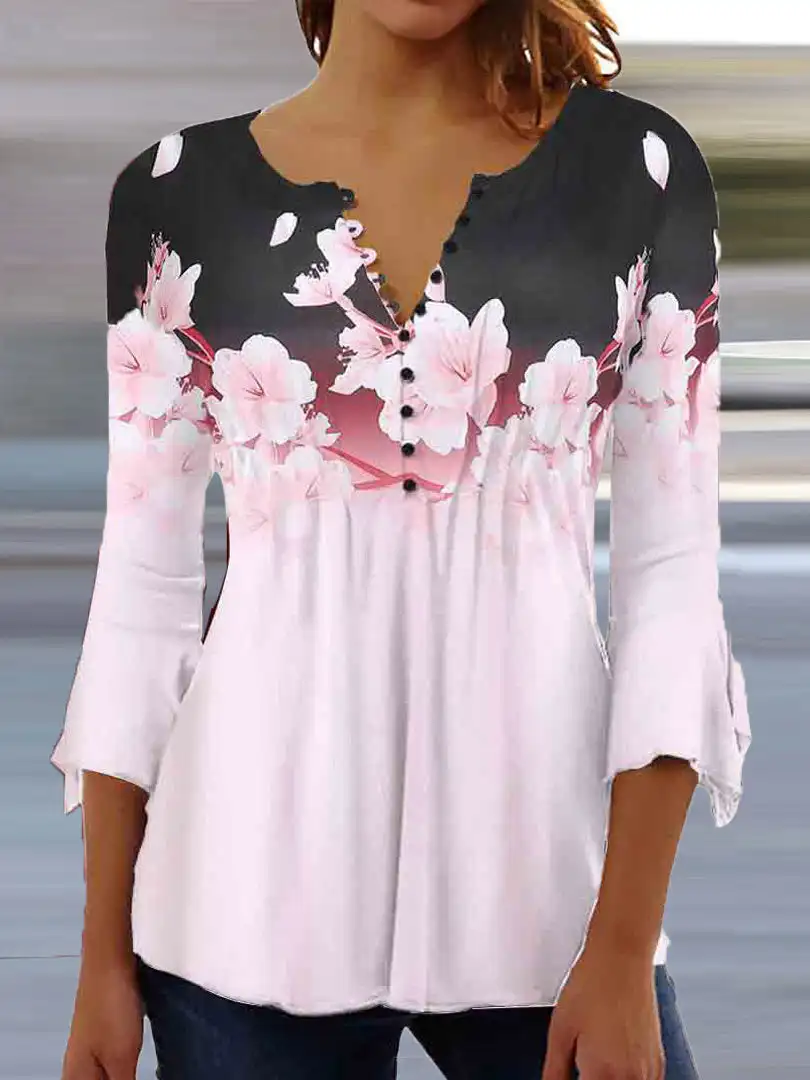 

Plus Size Women 3/4 Sleeve V-neck Floral Printed Top