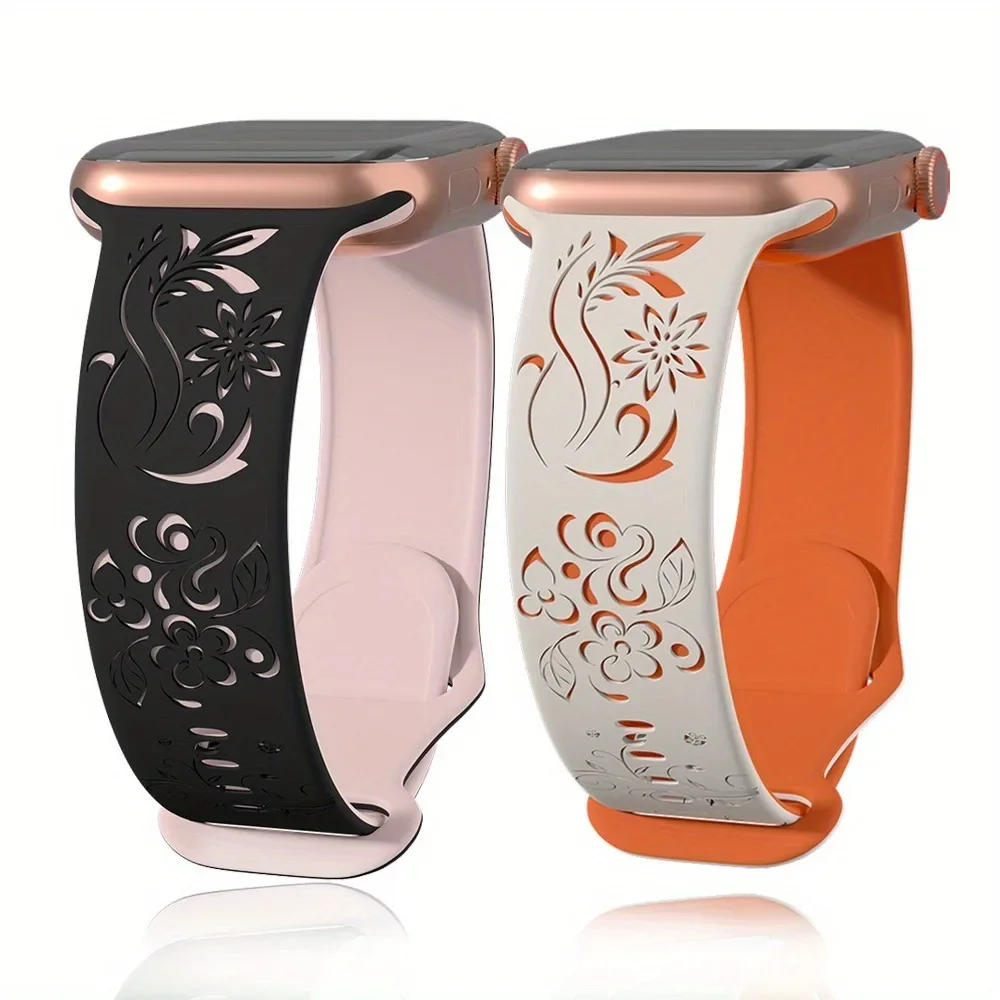2pcs Floral Engraved Silicone Bands for Apple Watch Series 10 9 8 7 6 SE 5 4 3 Sport Straps 42mm 46mm 49mm 45mm 40mm 44mm 41mm