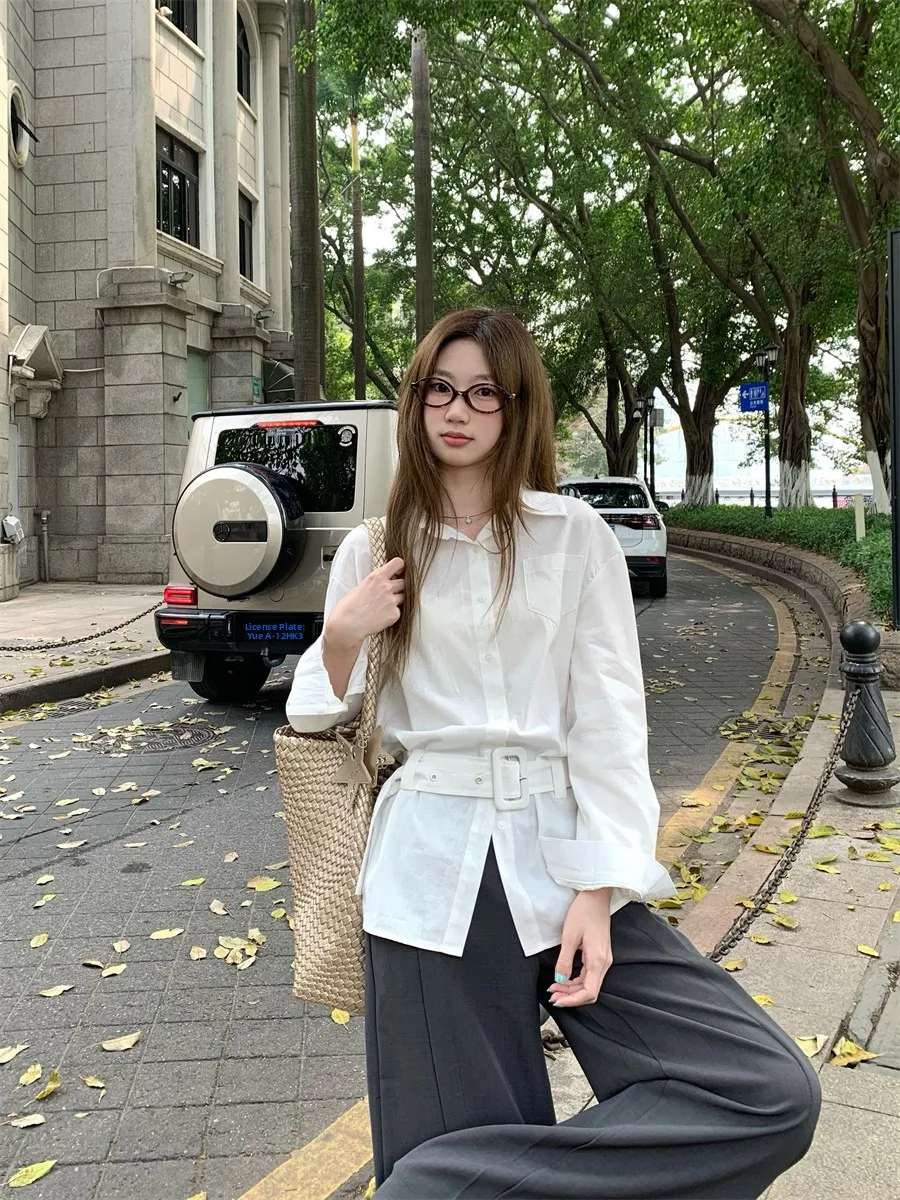 

Korean Style White Collar Long Sleeve Shirt Women's Spring Design Slimming Commute Shirt Mid-Length Loose Top