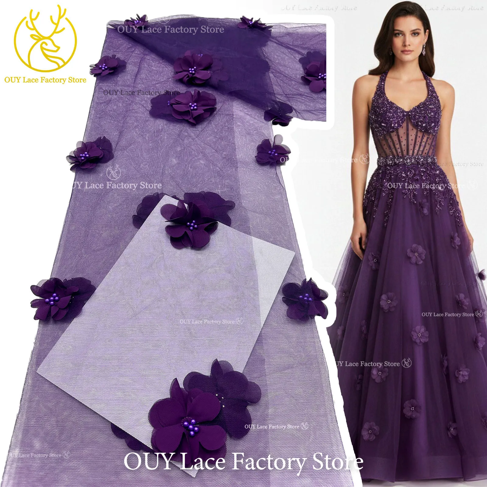 Purple 3D Applique Tulle Beaded Lace Fabric High Quality 3D Flower Tulle Mesh Embroidery Lace Nigerian Wedding Lace Fabric