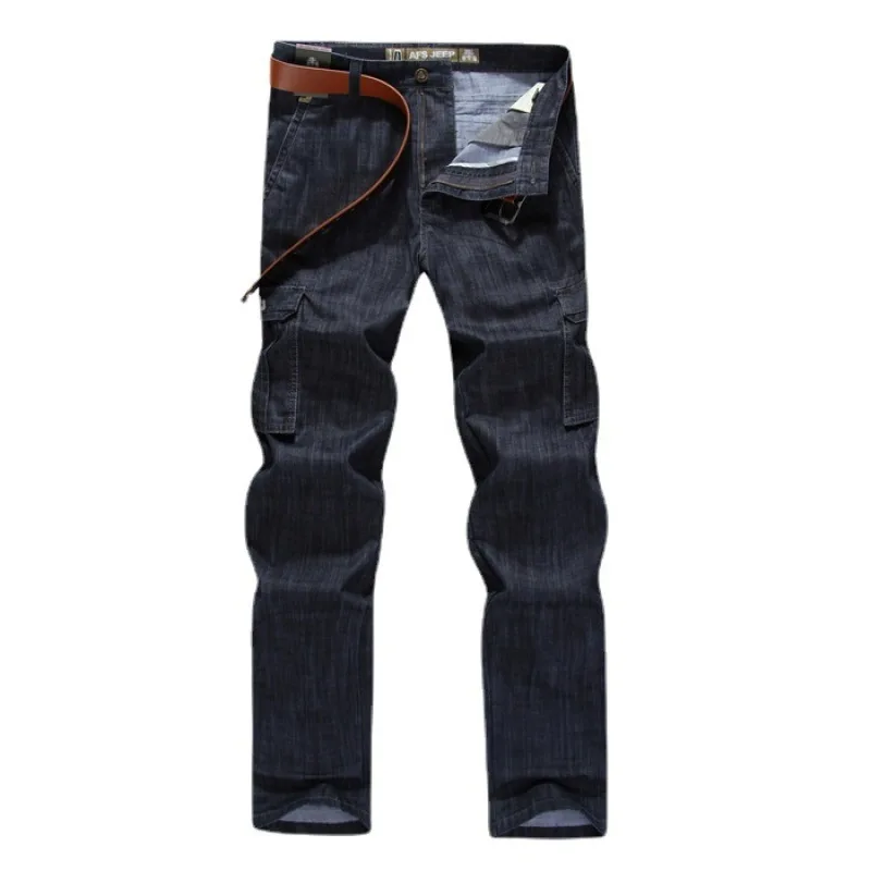 Calças de brim da motocicleta regular elástico calças de brim reta perna carga calça casual militar multi-bolso calças de brim roupas masculinas