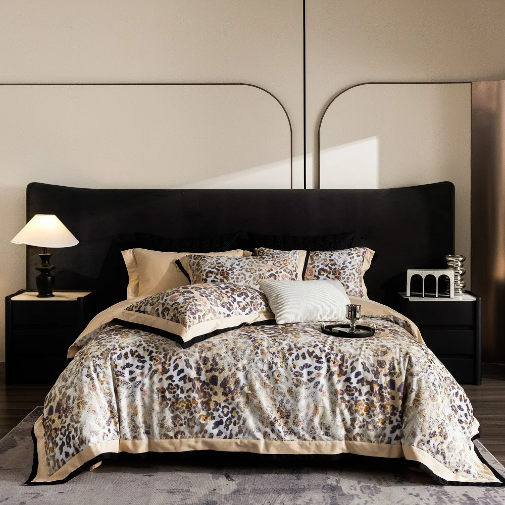 High-end Egyptian Cotton Leopard Print Fashion Luxury Bedding Set Queen King Size Duvet Cover Flat/Fitted Bed Sheet Pillowcases