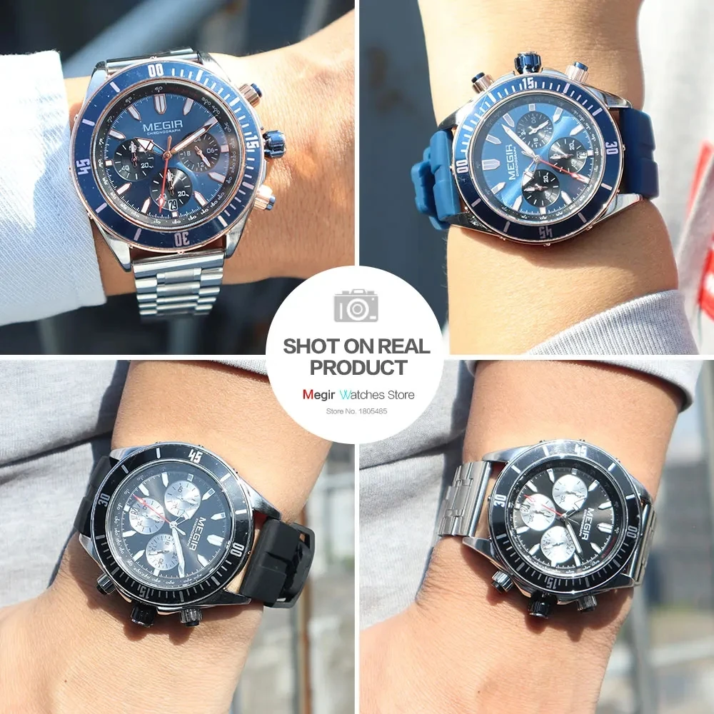 MEGIR 2226 Men Quartz Watch Silver Blue Black Business Chronograph Luminous Wristwatch with Stainless Steel Silicone Strap