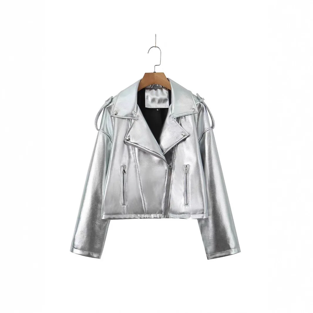 Autunno New American High Street Giacca da motociclista vintage in ecopelle Stile corto Design da donna con cinturino posteriore con cerniera superiore