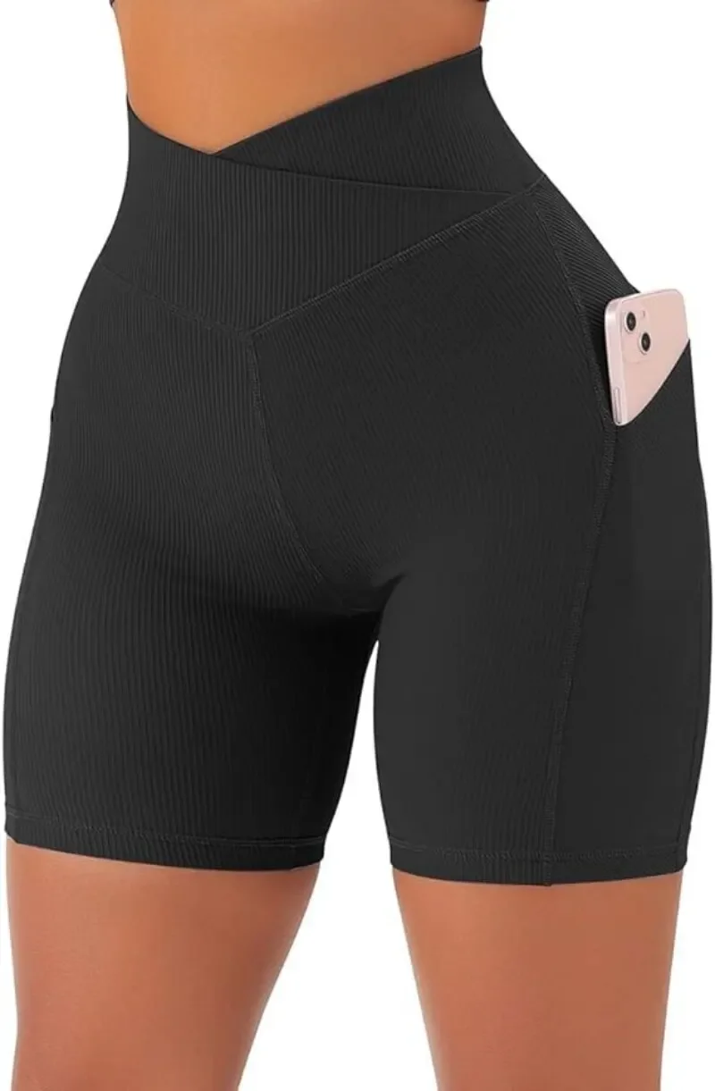 Pantalones cortos deportivos para mujer, pantalones cortos de yoga para entrenamiento cruzado con bolsillos, pantalones cortos de motociclista de cintura alta de 5"