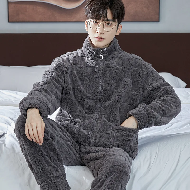Autumn Winter Coral Fleece Men Warm Pajamas 2 Pcs Shirt&pant Zipper Stand Collar Home Wear Sleepwear Thicken Casual Nightwear