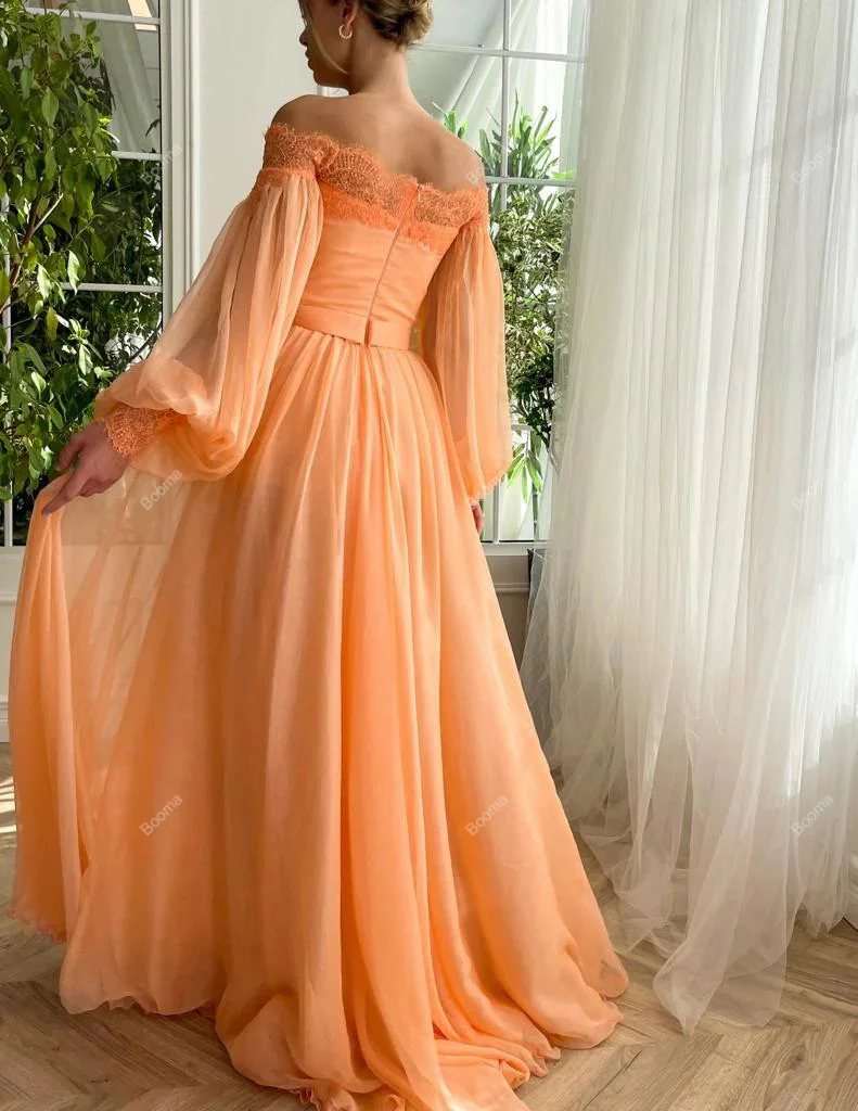 Booma Orange Chiffon Long Evening Dresses Boat Neck Puff Sleeves Party Prom Gowns Lace High Side Slit Women\'s Formal Dress