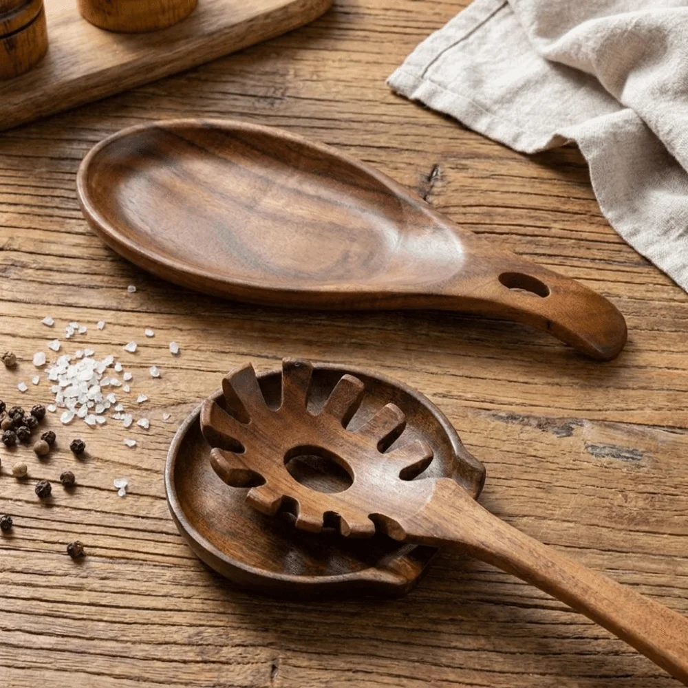 Organizer Tray Anti-Scalding Spoon Rest Natural Wooden Ladle Rack Rustic Fruits Plate Dining Table