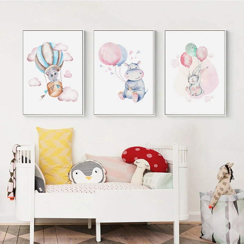 Cartoon Animal Balloons Elephants Rabbits River Bears Canvas Posters Wall Art Picture Modern Living Room Home Decoration Prints