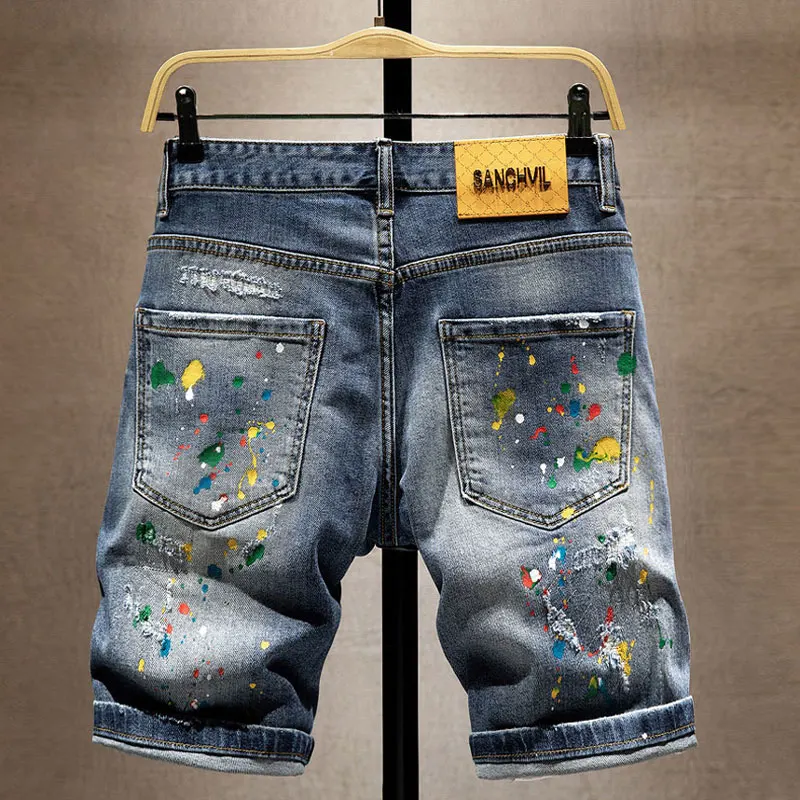 Jeans da uomo di moda firmati estivi Jeans corti strappati dipinti elasticizzati blu retrò da uomo Pantaloncini di jeans casual vintage Hip Hop Hombre
