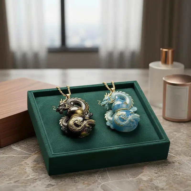 1Pcs Vintage Jewelry Ethnic Auspicious Gourd Blue Imitation Jade Pendant Necklace For Women Traditional Outfit Accessory Gift
