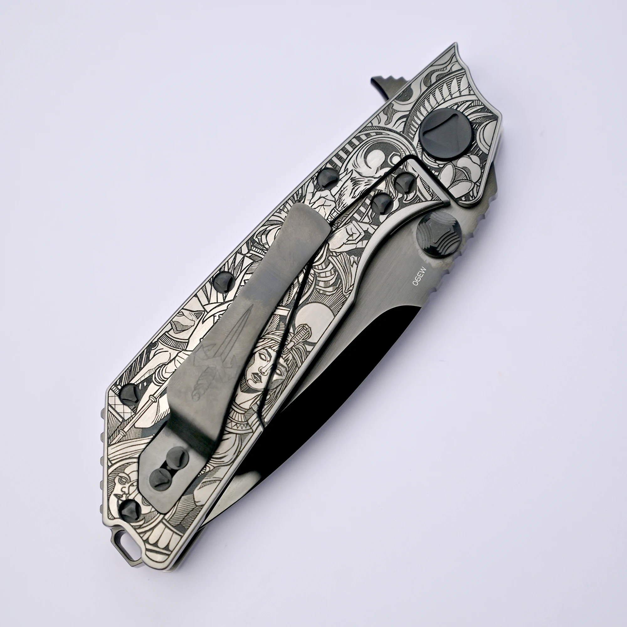 [Pharaoh] M390 high hardness sharp liquid mirror DLC, titanium alloy deep carving handle fruit knife