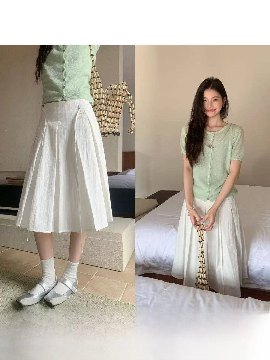 

High Waist A-Line Midi Skirt White Versatile Slimming Pleated Skirt for Petite Women Casual Nylon Cotton Blend Skirt
