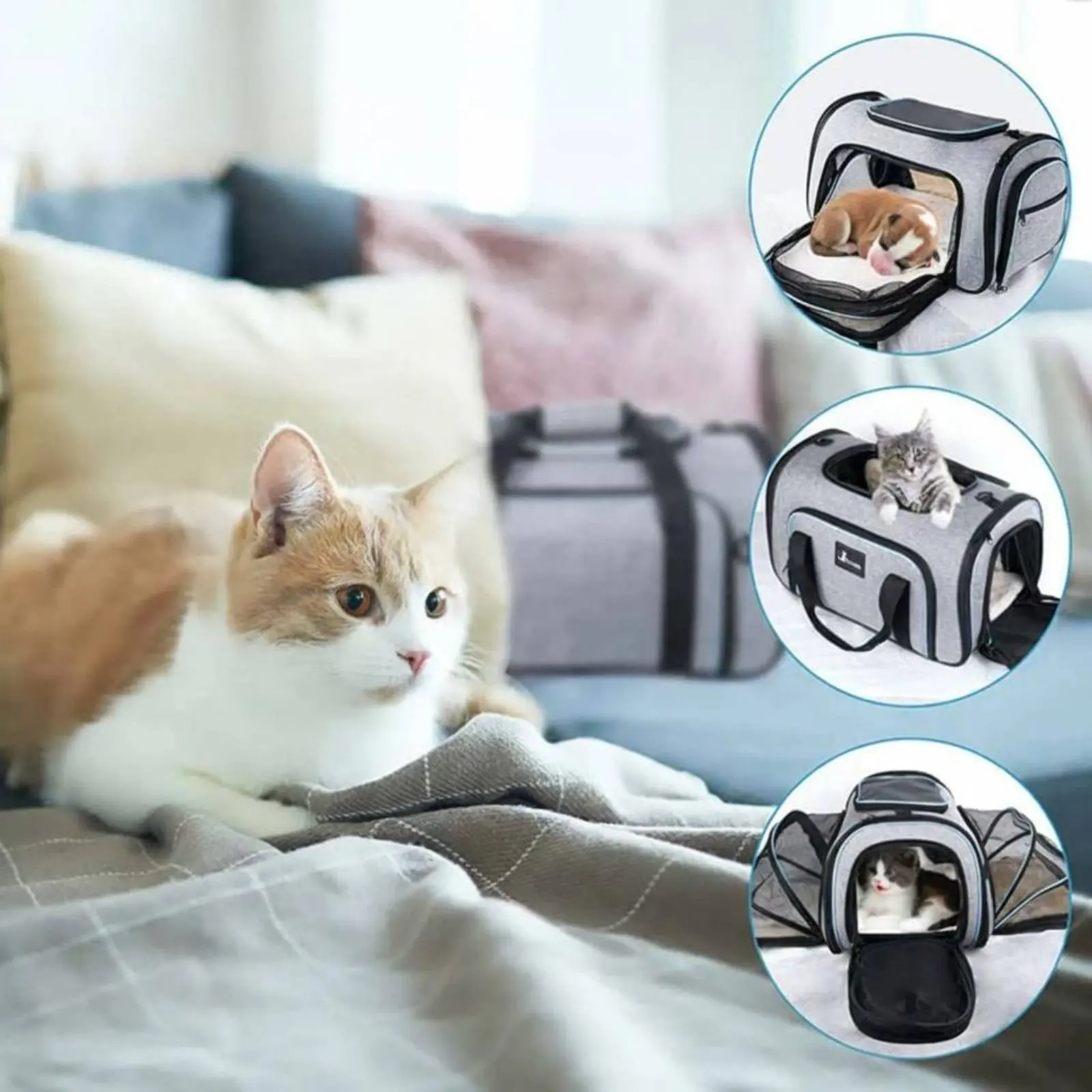 Portable Feline Travel Bag Washable Cover Expandable Pet Carrier Mesh Pet Travel Carrier Easy to Clean Included Tether