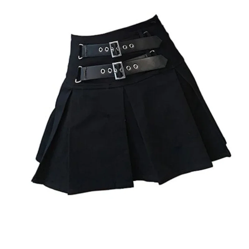 Punk Black Pleated Skirts Women Belted Sext Hot Girls Mini Skirt European Fashion Streetwear Y2k High Waist Spring Autumn Grunge