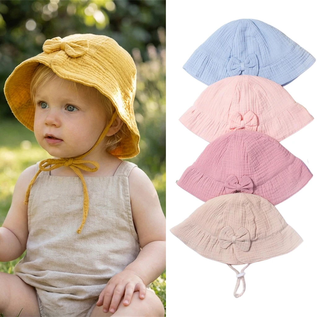 

Хлопковые панамы с бантом для маленьких девочек, детские солнцезащитные уличные шапки, однотонная панама, унисекс, пляжная шляпа для рыбалки для детей 3-24 месяцев