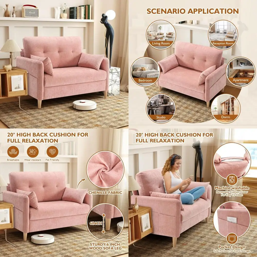 

Compact Chenille Loveseat Sofa with Pillows and Removable Covers for Cozy Spaces
