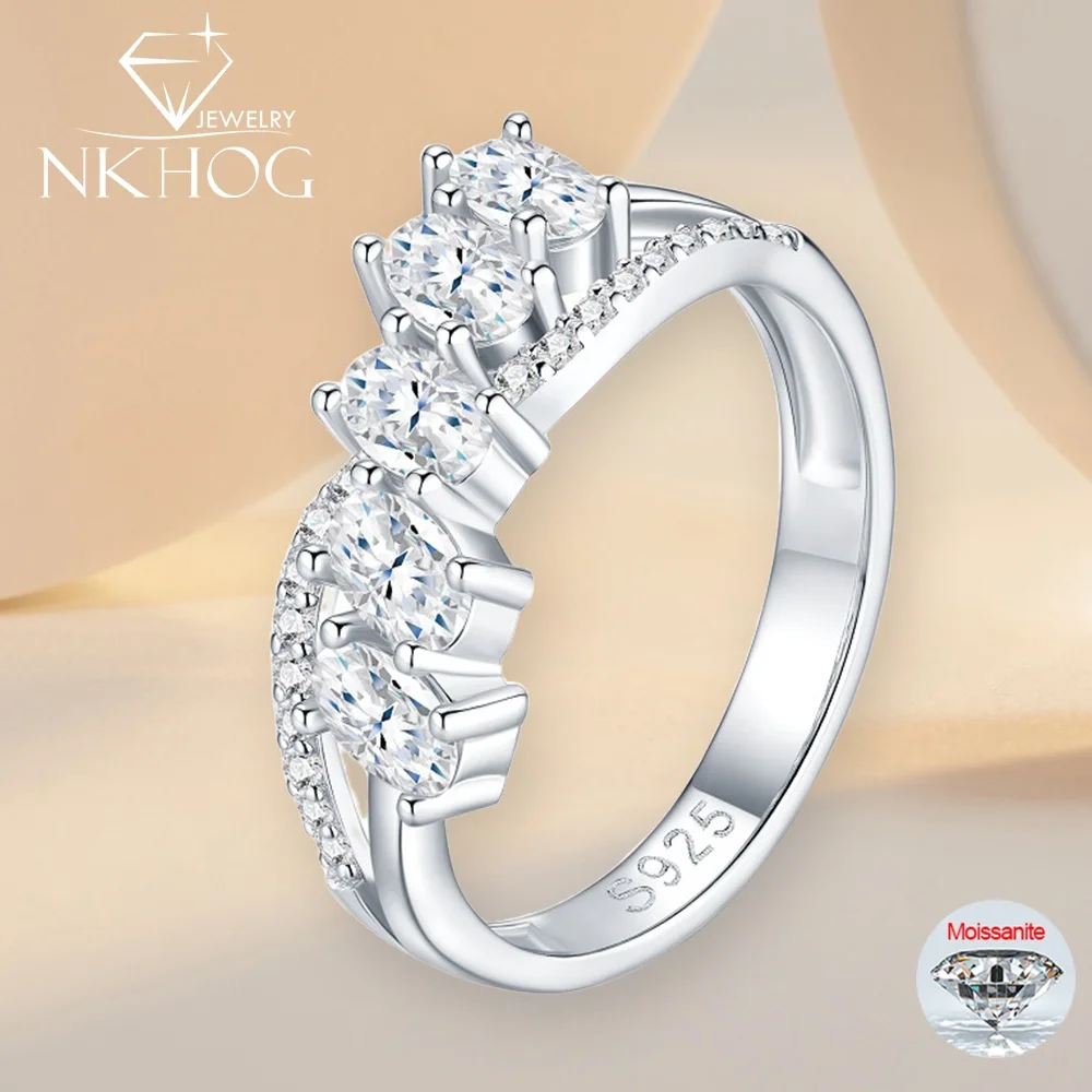 

NKHOG Кольца с муассанитом для женщин, 100% серебро S925, 5 камней, овальный бриллиант, обручальное кольцо для свадебной вечеринки, ювелирные украшения, сертифицированное GRA