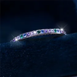 Cute Female Small Rainbow Round Zircon Stone Ring Trendy Silver Color Bride Wedding Jewelry Gift For Women